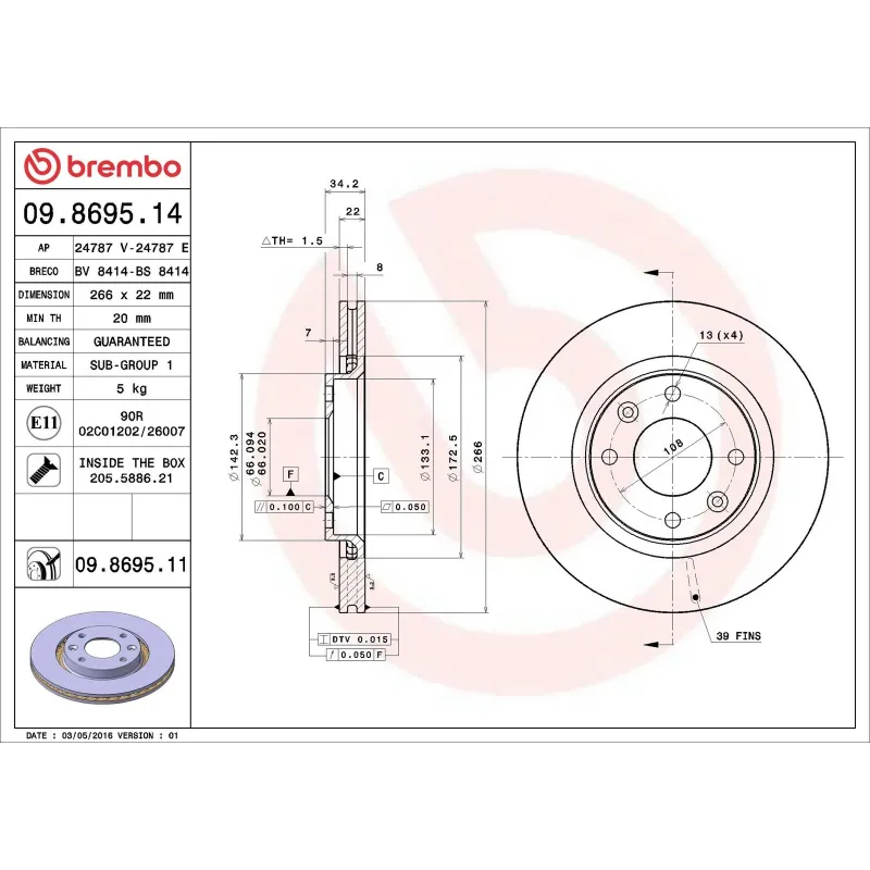 BREMBO 09.8695.14 Disco de freno (Unidad)