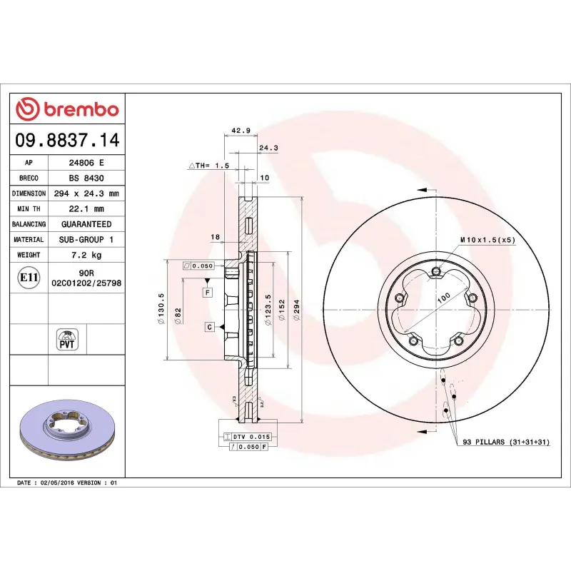 BREMBO 09.8837.14 Disco de freno (Unidad)