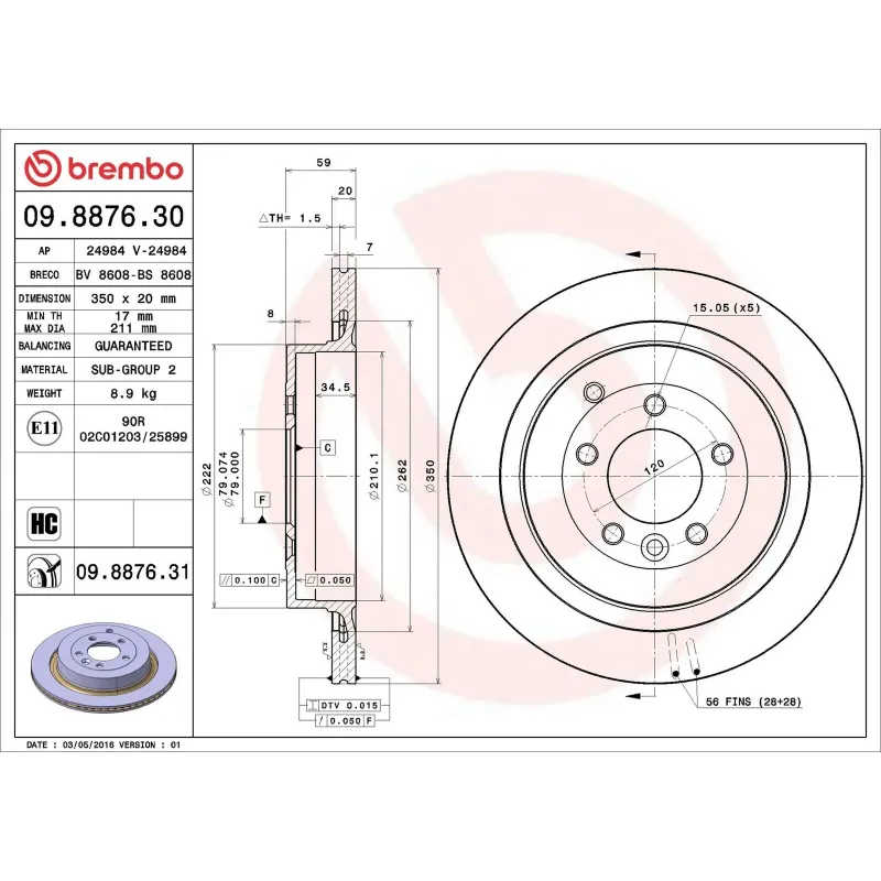 BREMBO 09.8876.30 Disco de freno (Unidad)