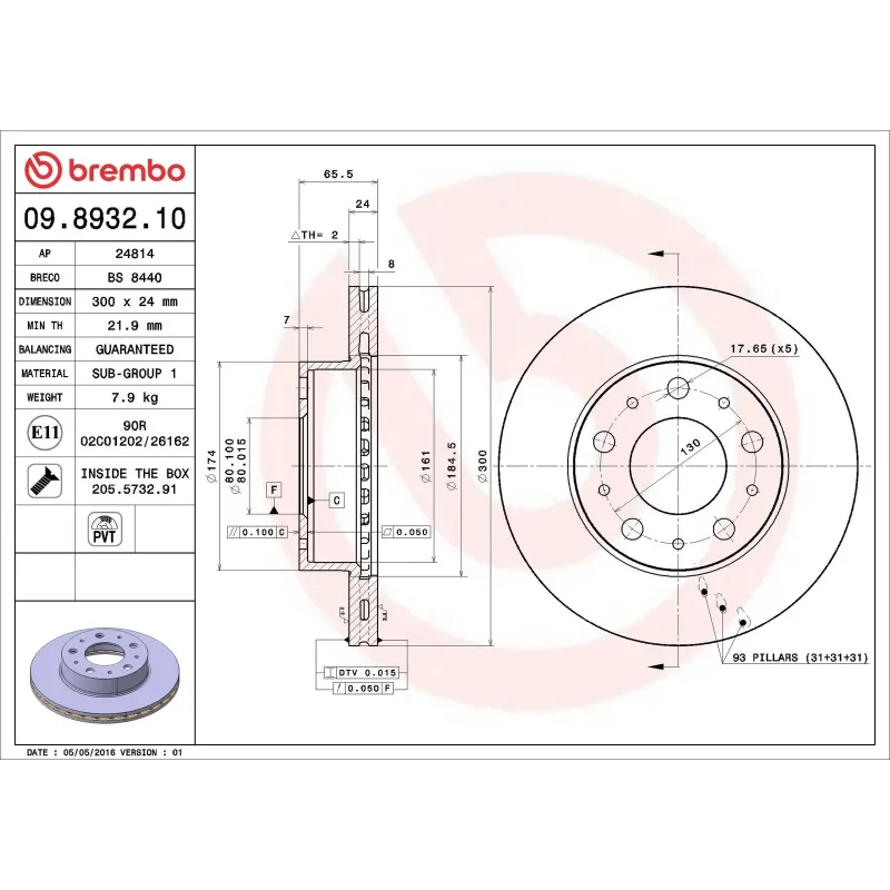 BREMBO 09.8932.10 Disco de freno (Unidad)