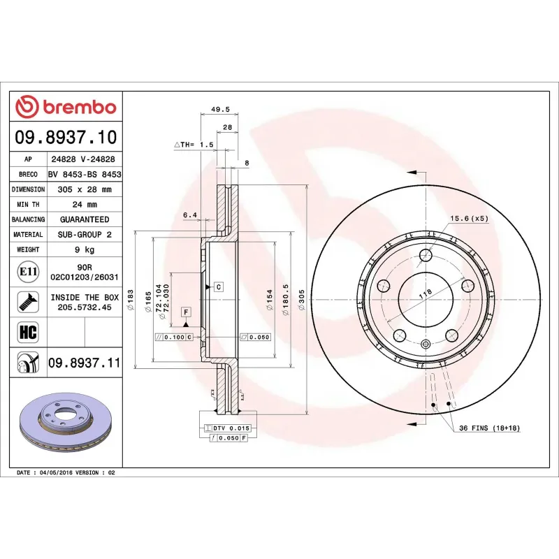 BREMBO 09.8937.10 Disco de freno (Unidad)