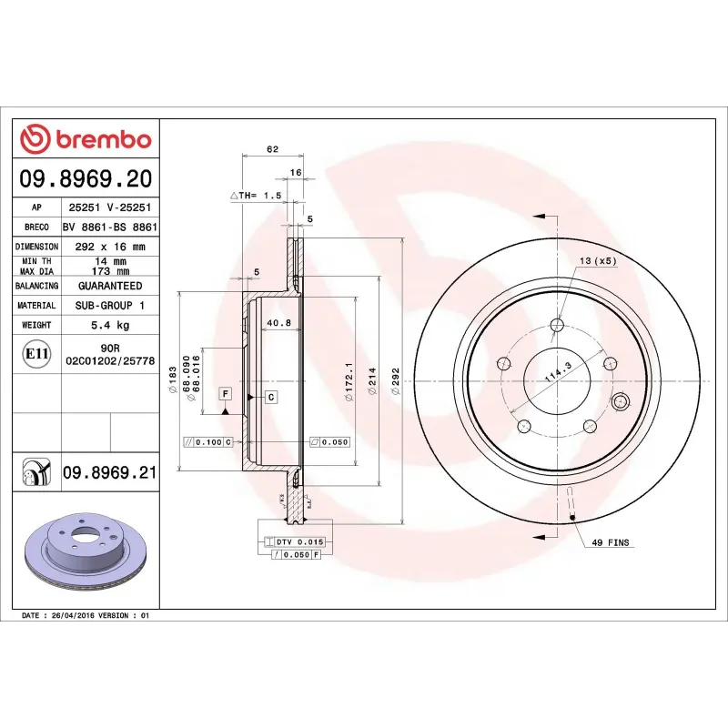 BREMBO 09.8969.20 Disco de freno (Unidad)
