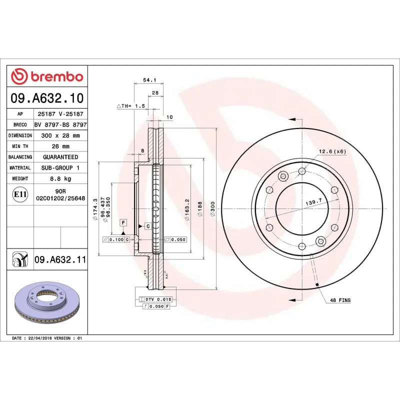 BREMBO 09.A632.10 Disco de freno (Unidad)