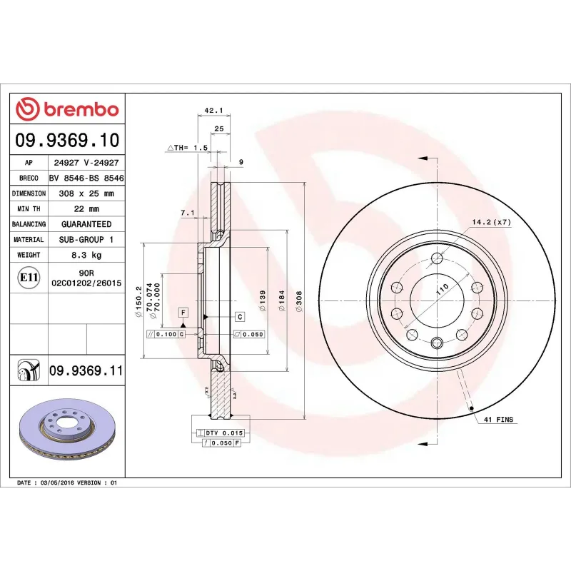BREMBO 09.9369.10 Disco de freno (Unidad)