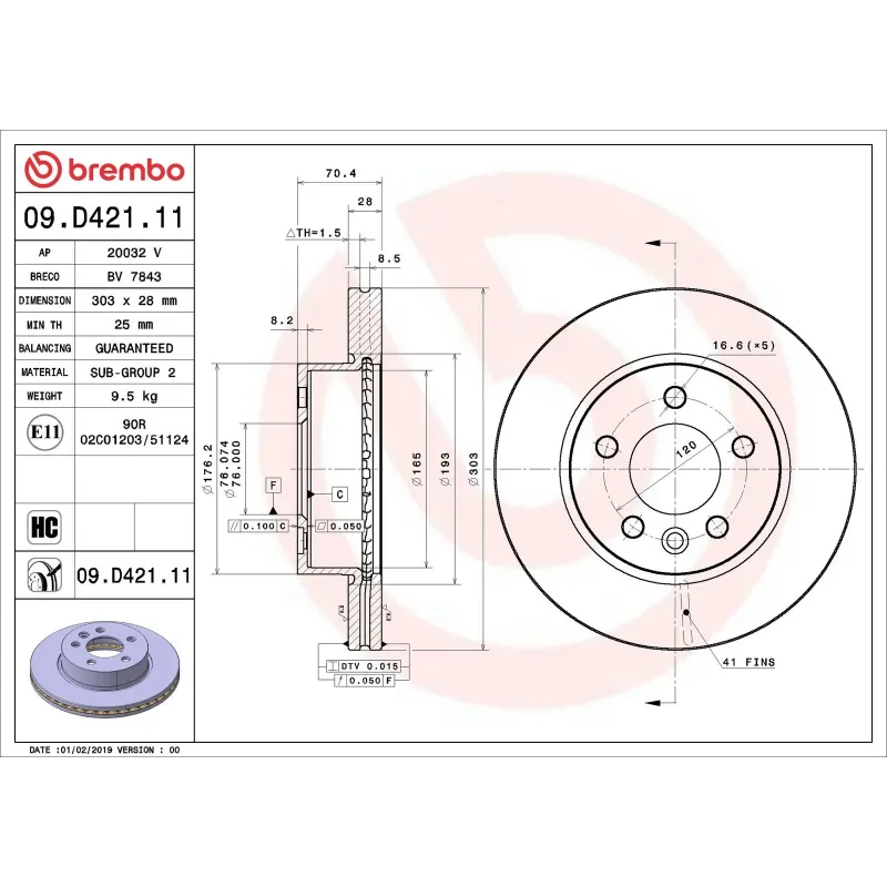 BREMBO 09.D421.11 Disco de freno (Unidad)