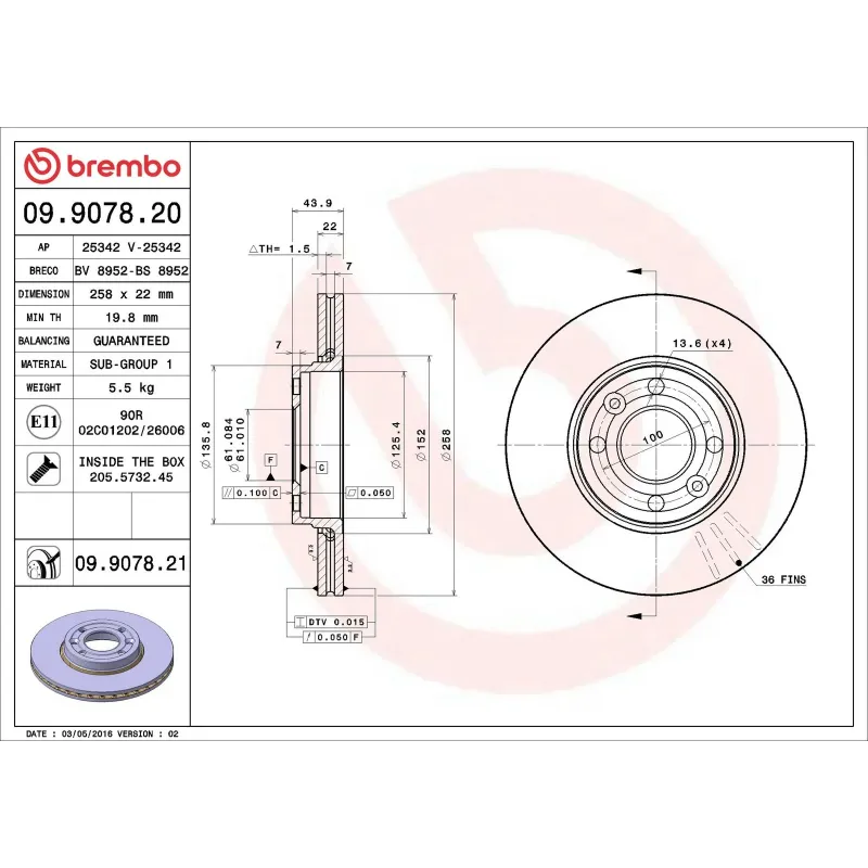 BREMBO 09.9078.20 Disco de freno (Unidad)