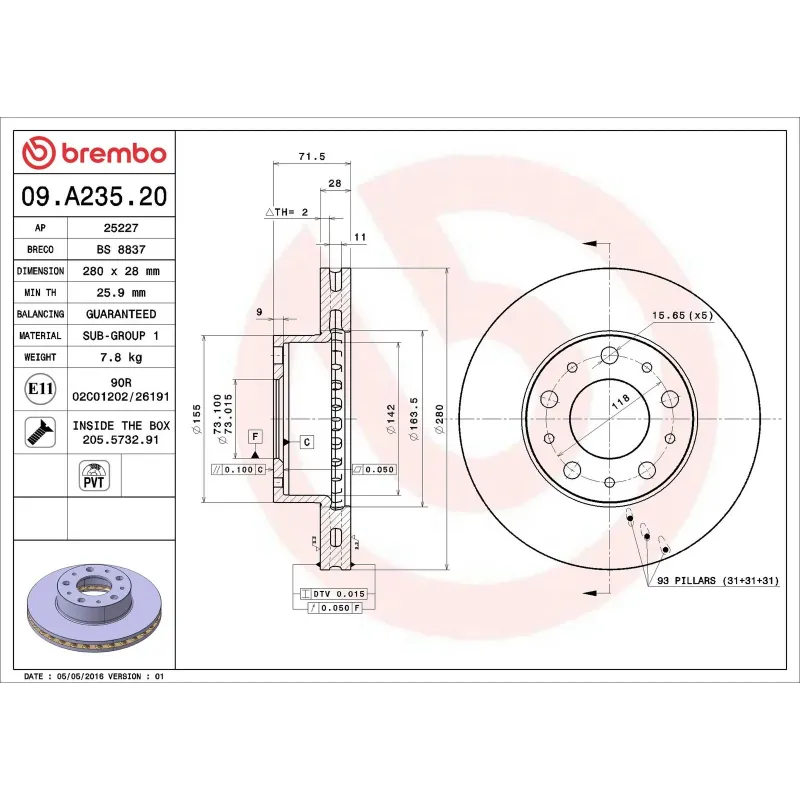 BREMBO 09.A235.20 Disco de freno (Unidad)