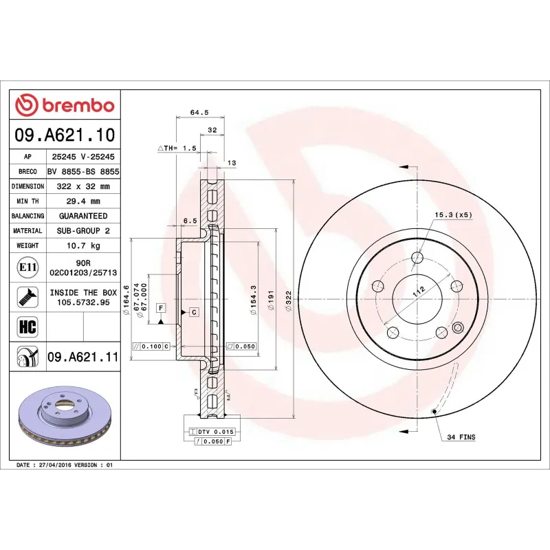 BREMBO 09.A621.10 Disco de freno (Unidad)
