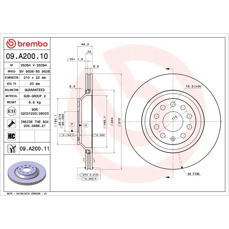 BREMBO 09.A200.10 Disco de freno (Unidad)