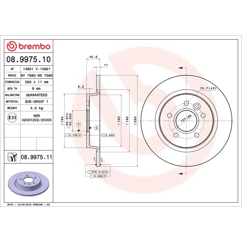 BREMBO 08.9975.11 Disco de freno (Unidad)