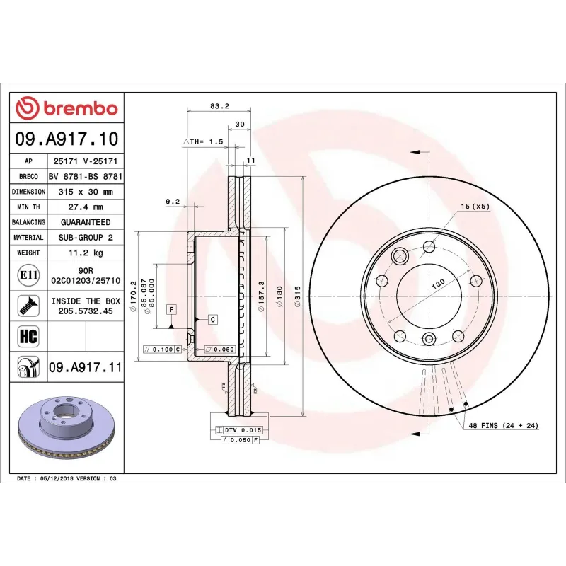 BREMBO 09.A917.10 Disco de freno (Unidad)
