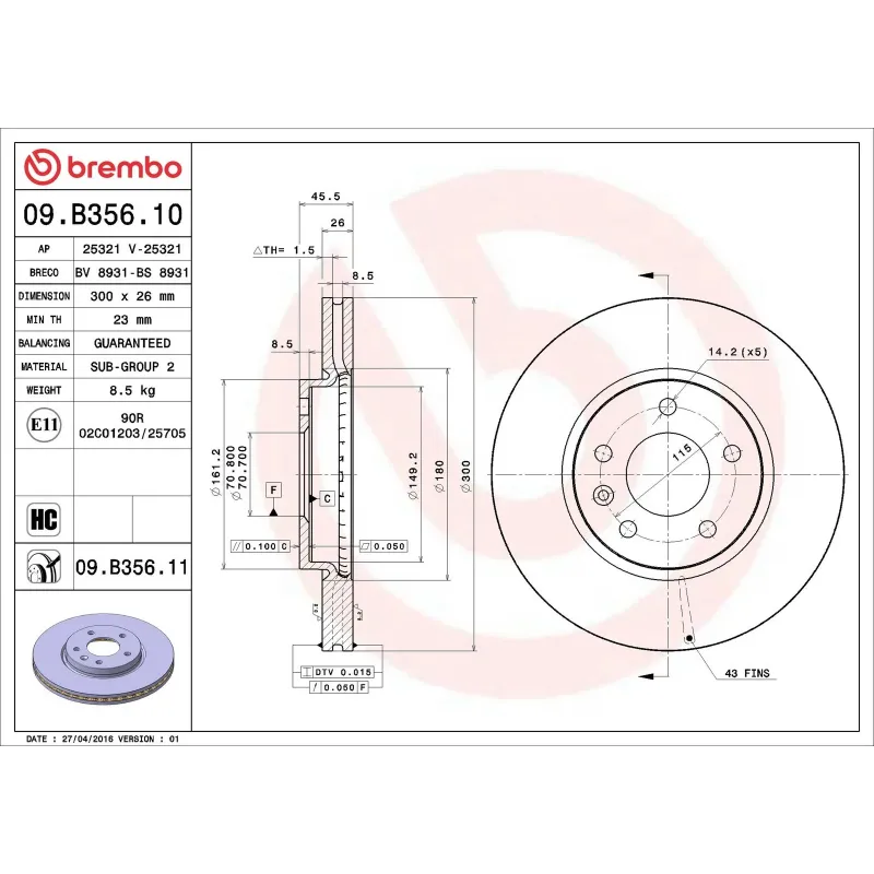 BREMBO 09.B356.10 Disco de freno (Unidad)