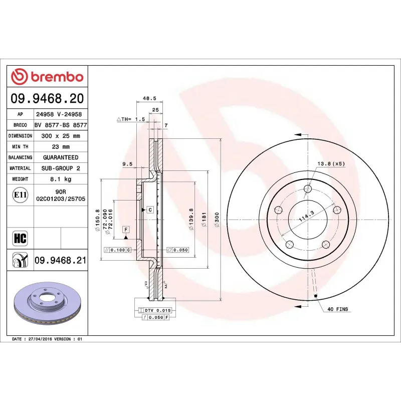 BREMBO 09.9468.20 Disco de freno (Unidad)