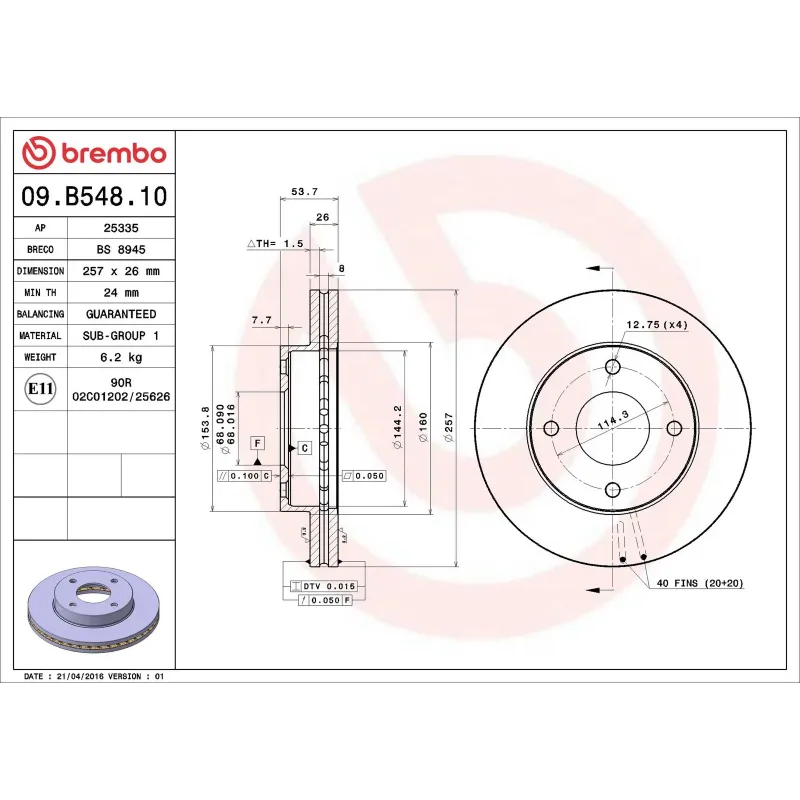 BREMBO 09.B548.10 Disco de freno (Unidad)