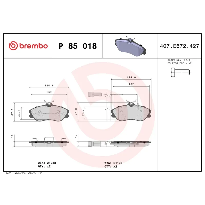 BREMBO P85018 Juego de pastillas de freno