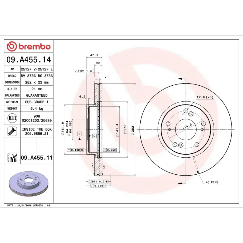 BREMBO 09.A455.14 Disco de freno (Unidad)