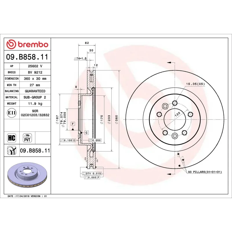 BREMBO 09.B858.11 Disco de freno (Unidad)
