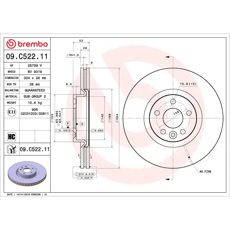 BREMBO 09.C522.11 Disco de freno (Unidad)