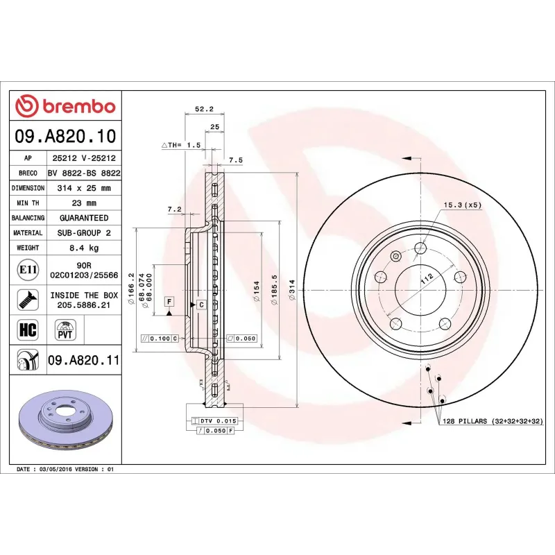 BREMBO 09.A820.10 Disco de freno (Unidad)