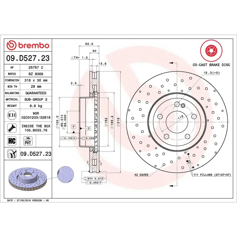 BREMBO 09.D527.23 Disco de freno (Unidad)