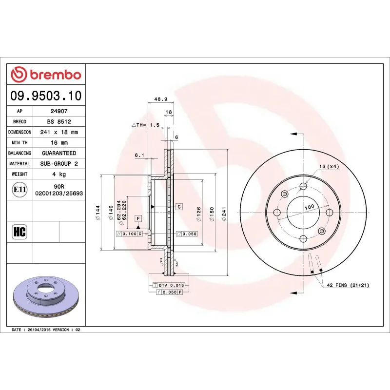 BREMBO 09.9503.10 Disco de freno (Unidad)