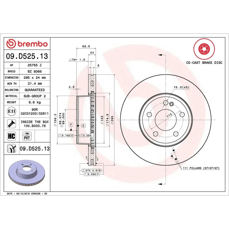 BREMBO 09.D525.13 Disco de freno (Unidad)