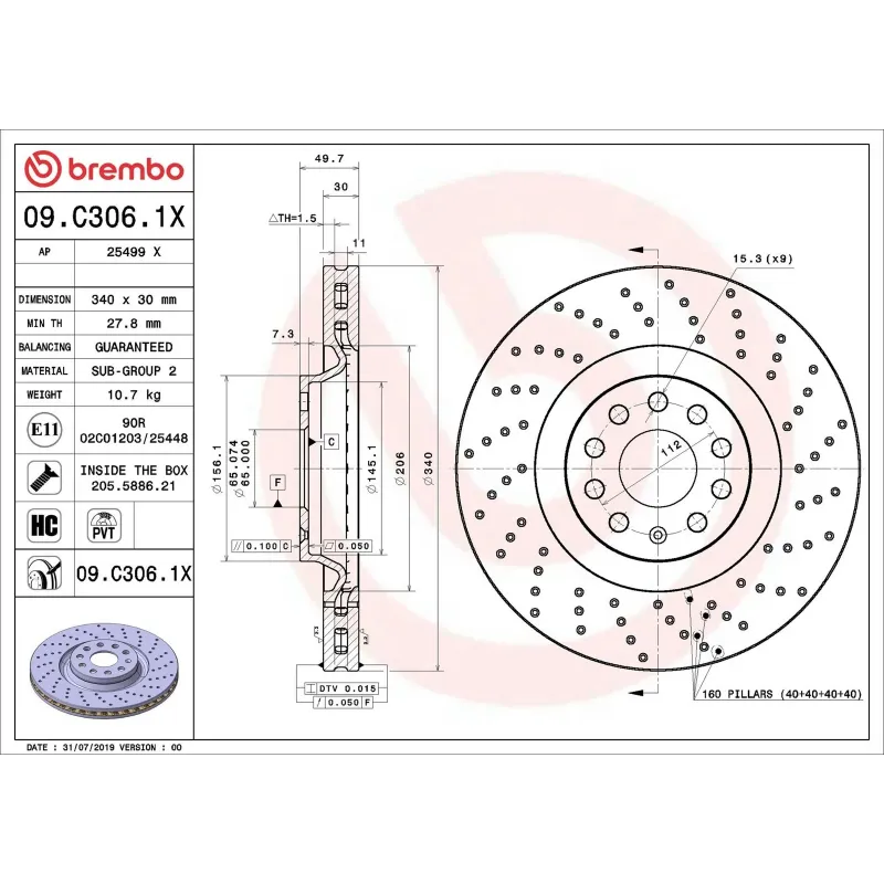BREMBO 09.C306.1X Disco de freno (Unidad)