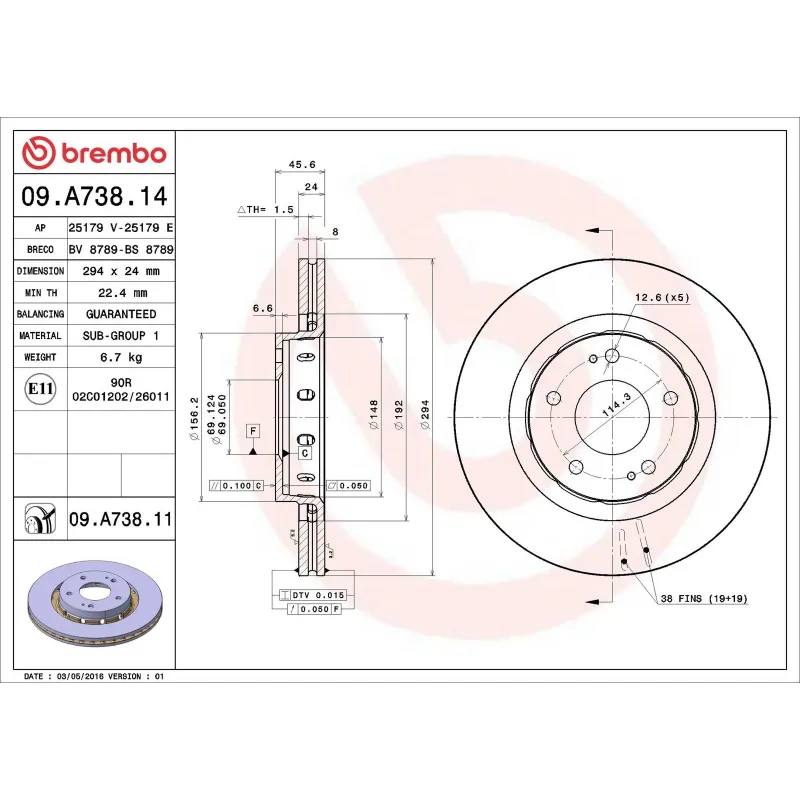 BREMBO 09.A738.14 Disco de freno (Unidad)