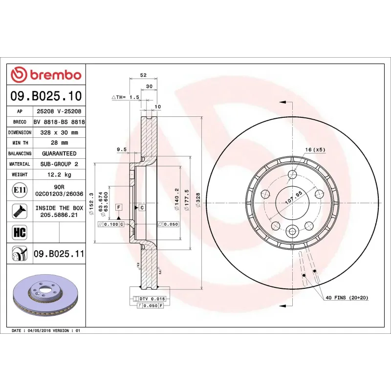 BREMBO 09.B025.10 Disco de freno (Unidad)