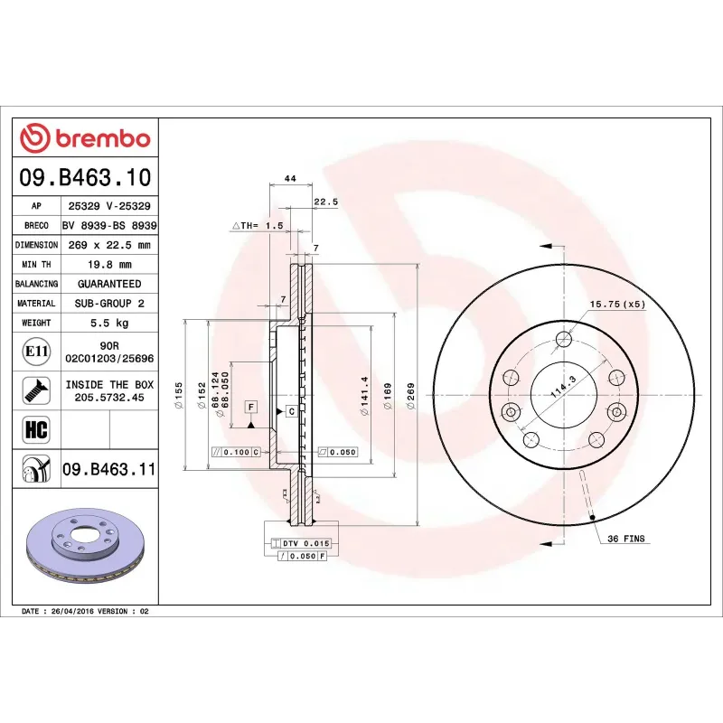 BREMBO 09.B463.10 Disco de freno (Unidad)