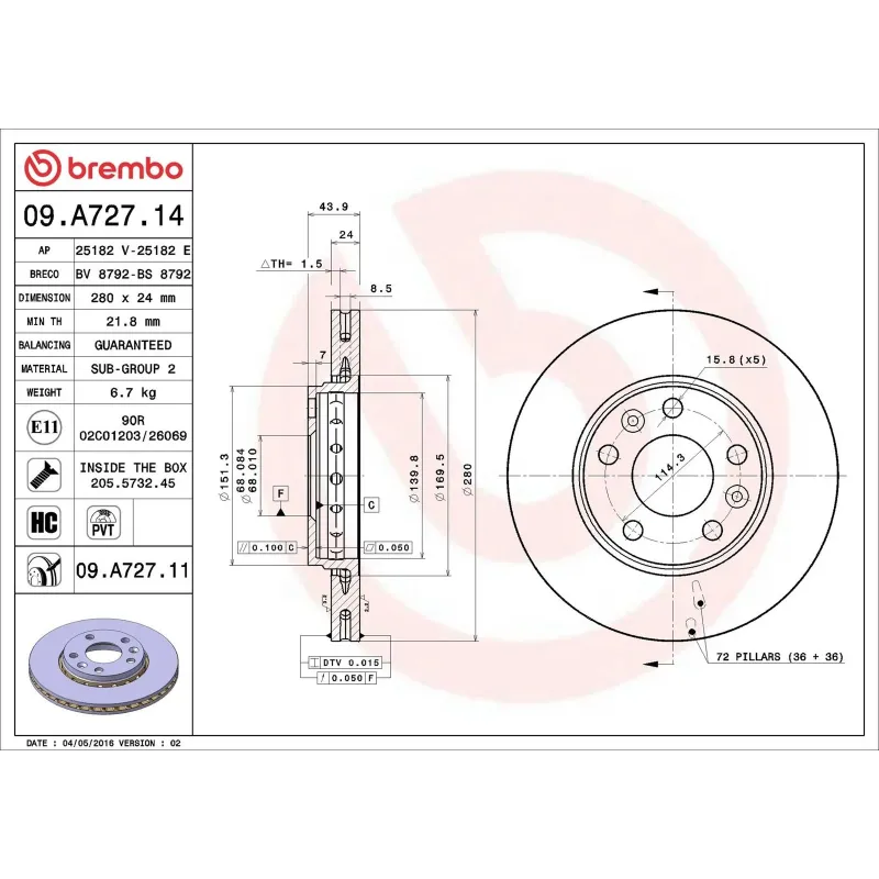 BREMBO 09.A727.14 Disco de freno (Unidad)