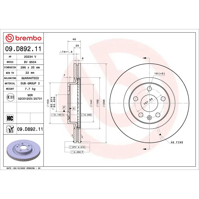 BREMBO 09.D892.11 Disco de freno (Unidad)