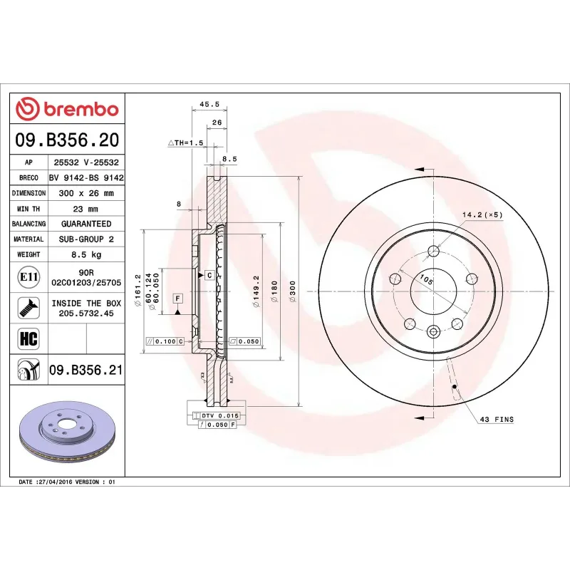 BREMBO 09.B356.20 Disco de freno (Unidad)