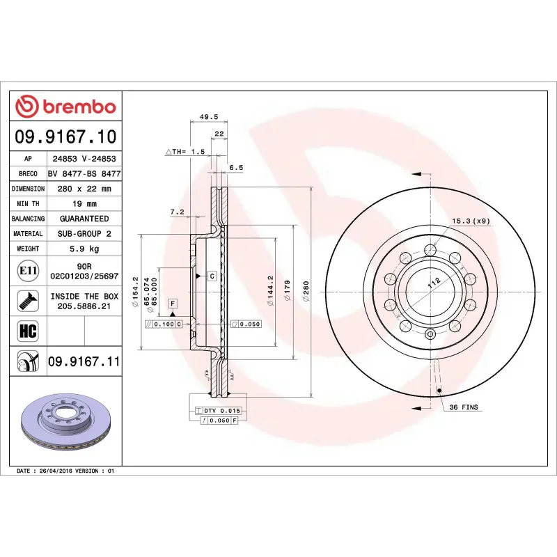 BREMBO 09.9167.10 Disco de freno (Unidad)