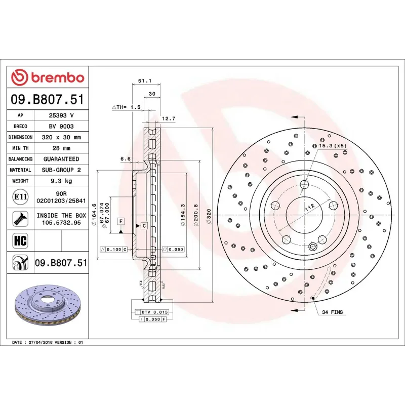 BREMBO 09.B807.51 Disco de freno (Unidad)