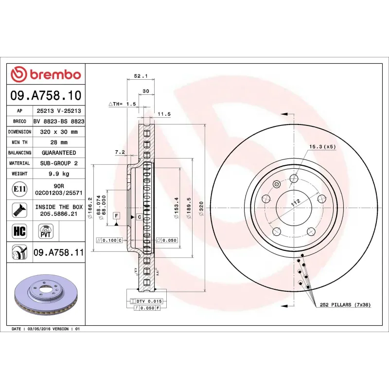 BREMBO 09.A758.10 Disco de freno (Unidad)