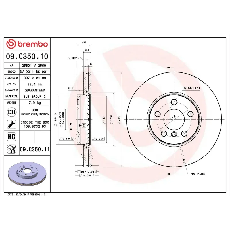 BREMBO 09.C350.11 Disco de freno (Unidad)