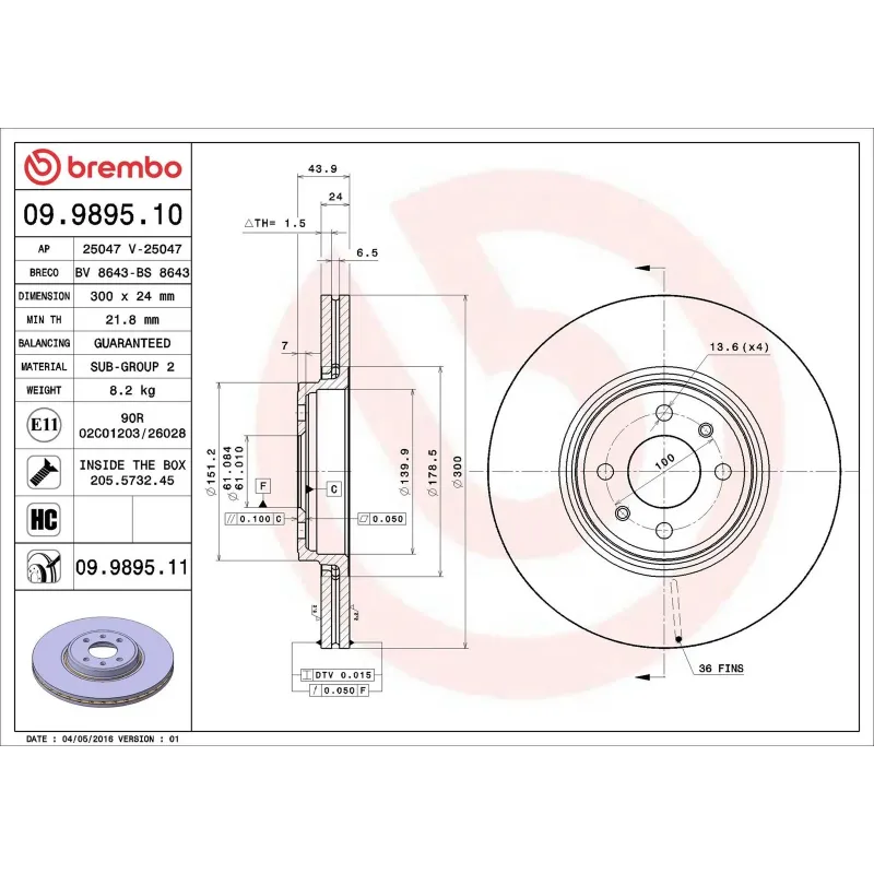 BREMBO 09.9895.10 Disco de freno (Unidad)