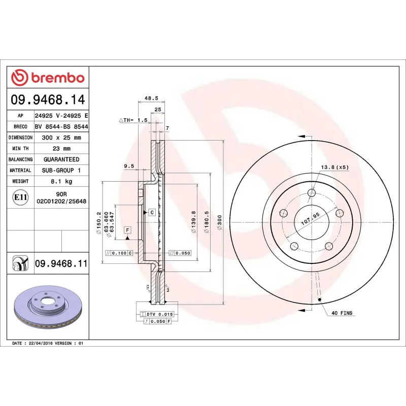 BREMBO 09.9468.14 Disco de freno (Unidad)