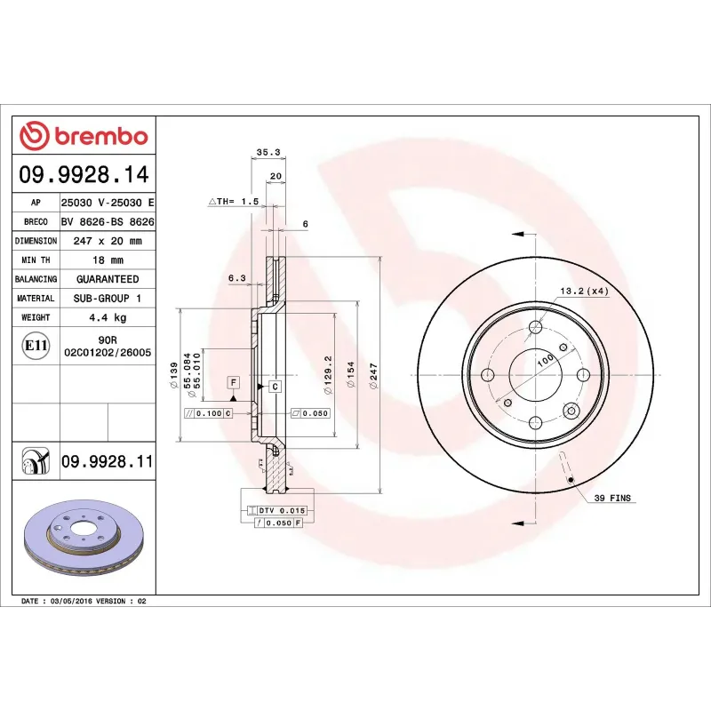 BREMBO 09.9928.14 Disco de freno (Unidad)
