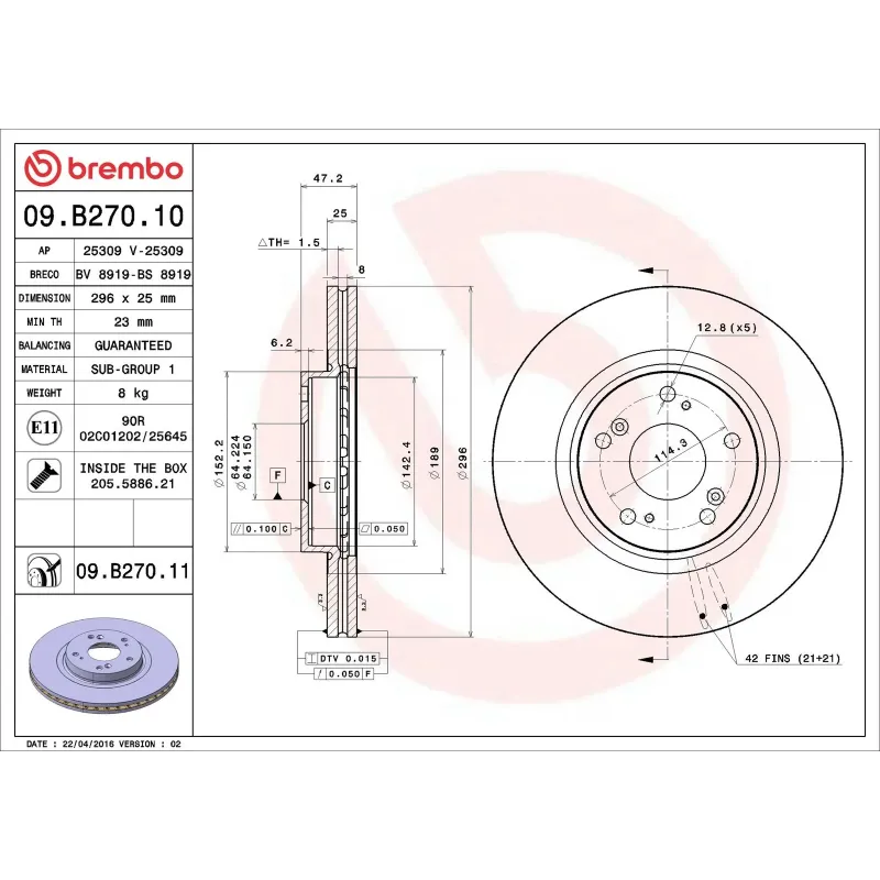 BREMBO 09.B270.10 Disco de freno (Unidad)