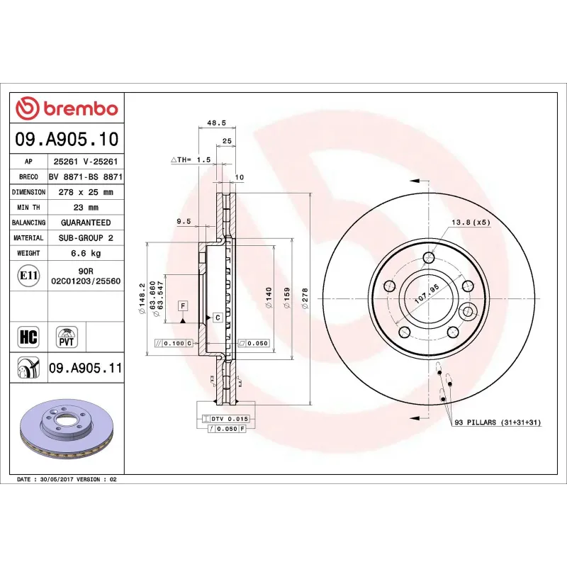 BREMBO 09.A905.10 Disco de freno (Unidad)