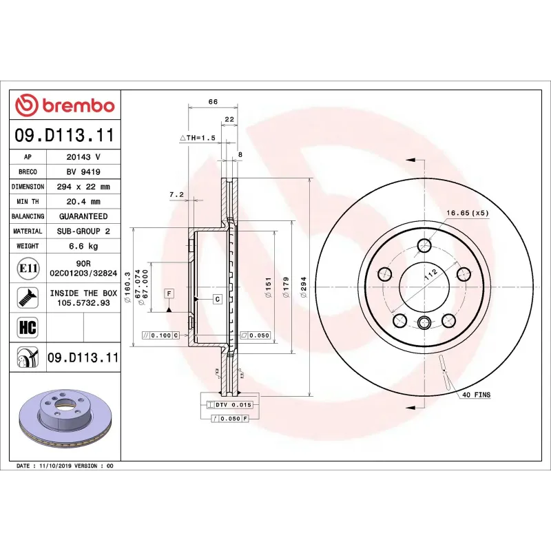 BREMBO 09.D113.11 Disco de freno (Unidad)