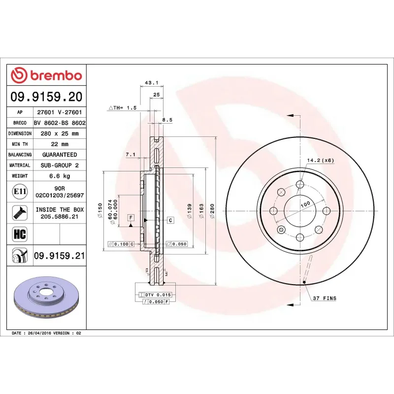 BREMBO 09.9159.20 Disco de freno (Unidad)
