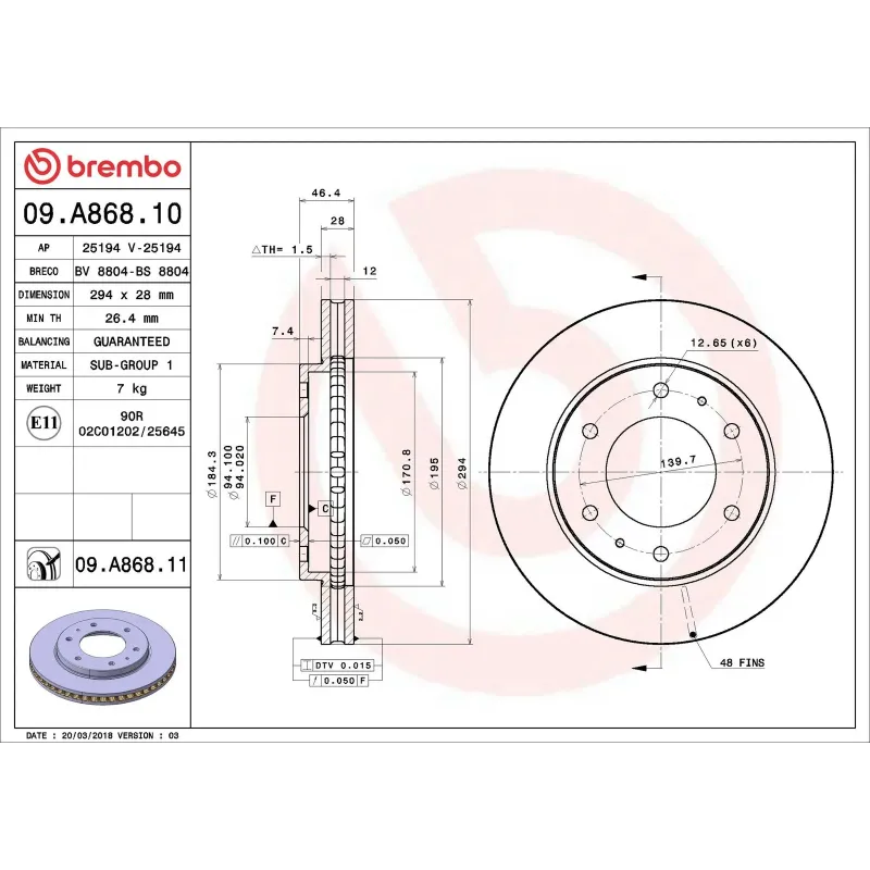 BREMBO 09.A868.10 Disco de freno (Unidad)