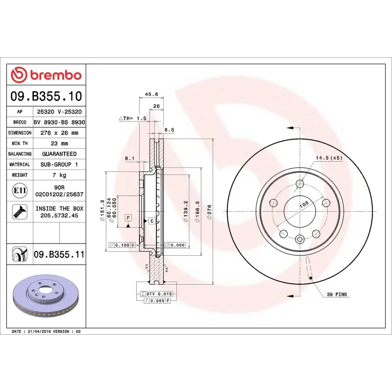 BREMBO 09.B355.10 Disco de freno (Unidad)