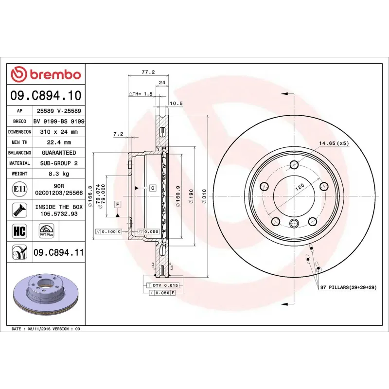 BREMBO 09.C894.11 Disco de freno (Unidad)