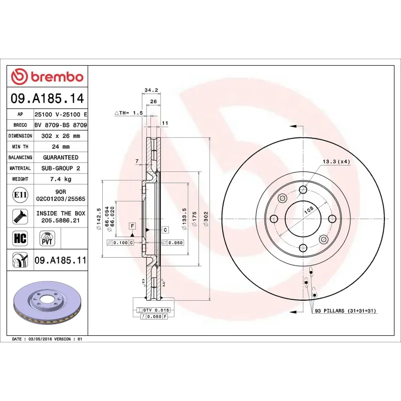 BREMBO 09.A185.14 Disco de freno (Unidad)
