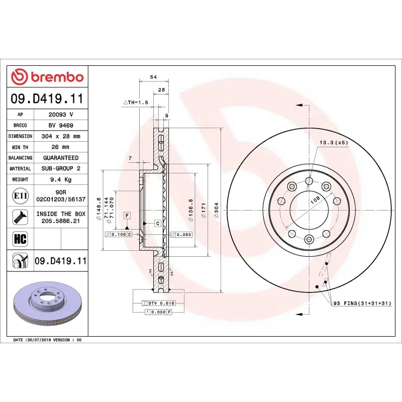 BREMBO 09.D419.11 Disco de freno (Unidad)