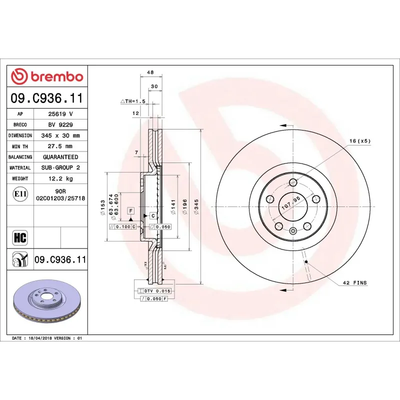 BREMBO 09.C936.11 Disco de freno (Unidad)